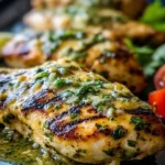 Juicy grilled chicken breast topped with fresh herb sauce resting on a dark plate.