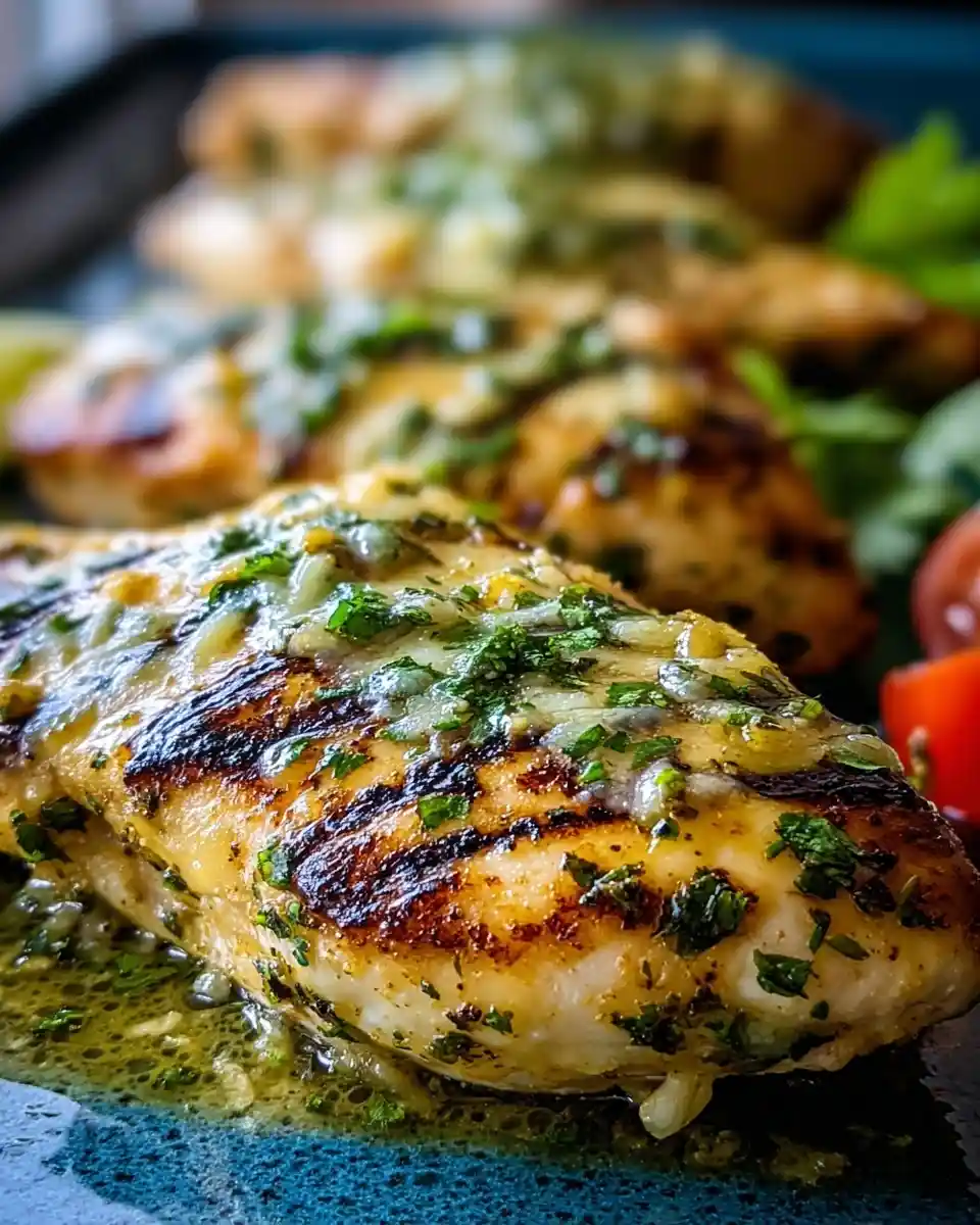 Juicy grilled chicken breast topped with fresh herb sauce resting on a dark plate.