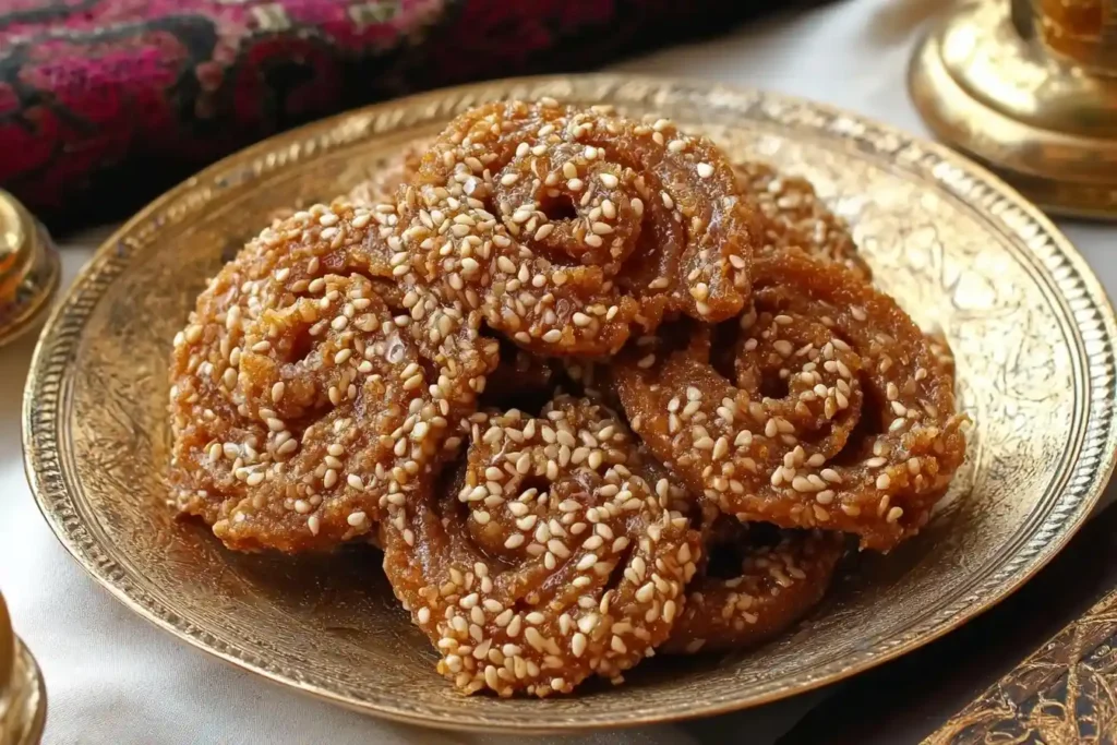 A golden brass plate filled with Chebakia, crispy spiral pastries coated in honey and sesame seeds.