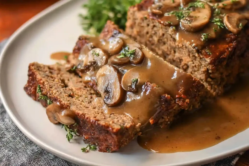 Slices of juicy Salisbury Steak Meatloaf topped with savory mushroom gravy and fresh thyme on a white plate.