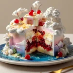 Sliced {{ $('Fetch Recipe Data').first().json["Main Keyword"] }} with cloud frosting, cherry toppers, and a rich red fruit filling.