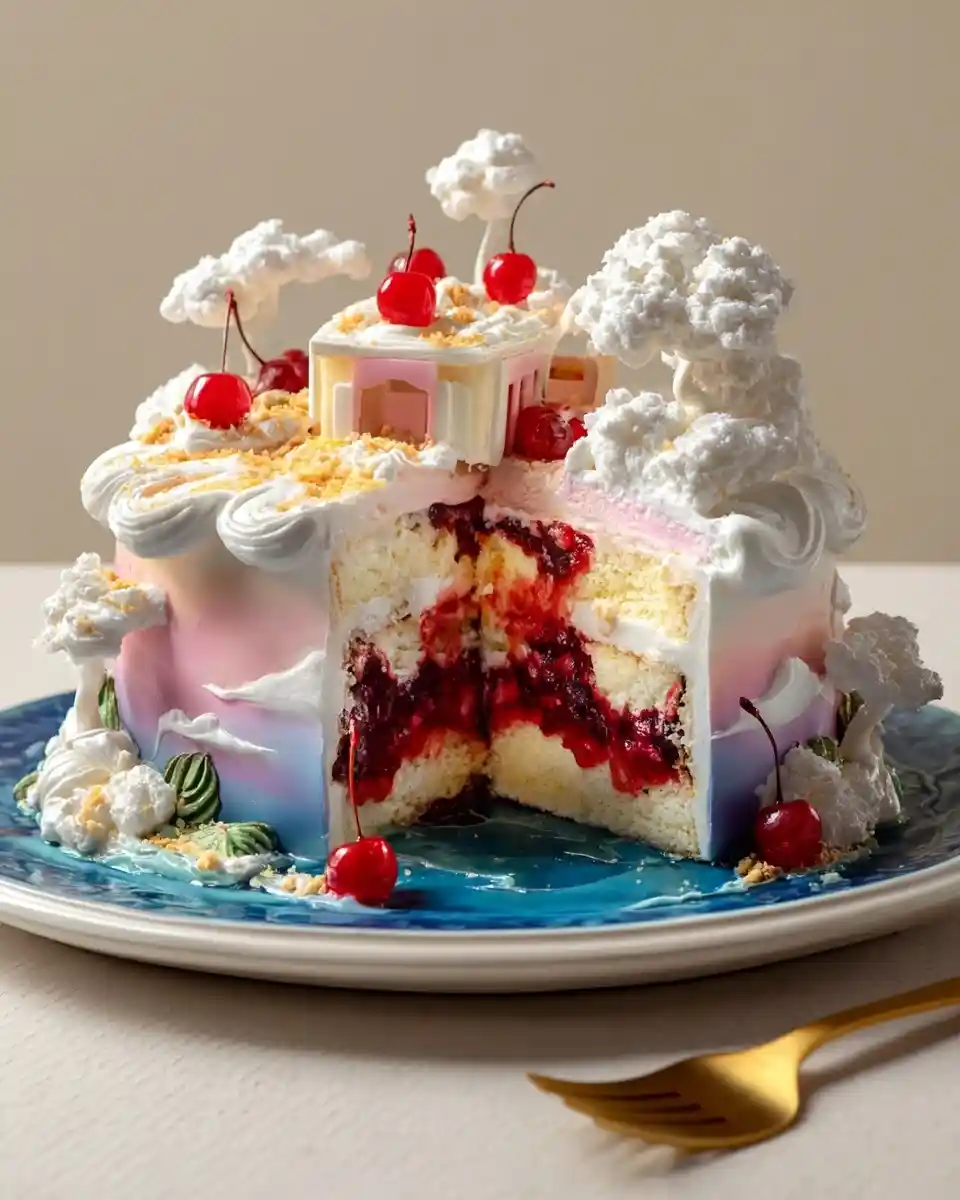 Sliced {{ $('Fetch Recipe Data').first().json["Main Keyword"] }} with cloud frosting, cherry toppers, and a rich red fruit filling.