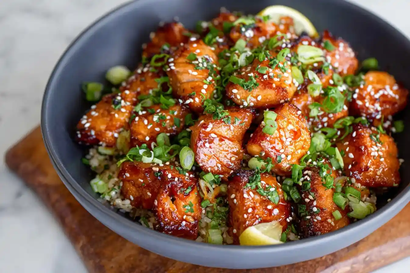 Bowl filled with glazed Salmon Bites topped with green onions and sesame seeds served over cauliflower rice.
