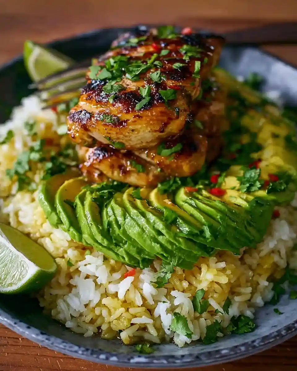 A vibrant bowl of Cilantro Lime Chicken served over fluffy rice and freshly sliced avocado, garnished with lime wedges.