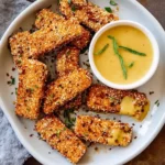 Plate of crispy sesame crusted tofu served with a creamy dipping sauce and herbs.