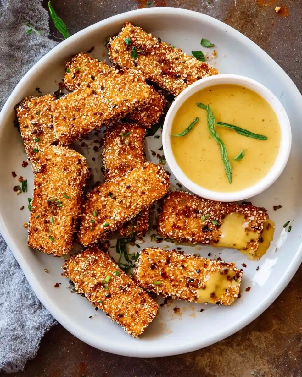 Plate of crispy sesame crusted tofu served with a creamy dipping sauce and herbs.