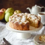 A freshly baked apple cake dusted with powdered sugar on a white cake stand, served with hot tea.