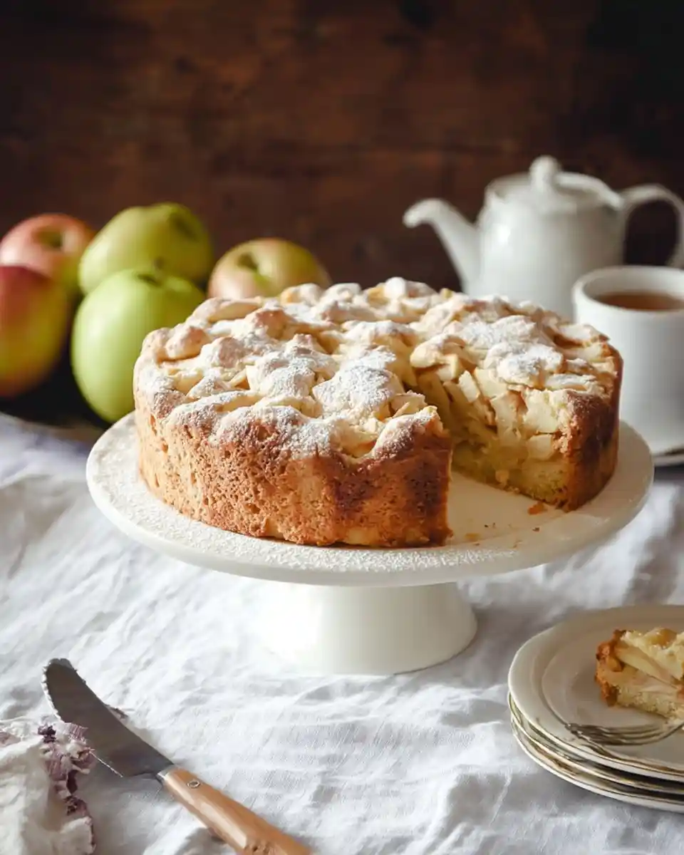 A freshly baked apple cake dusted with powdered sugar on a white cake stand, served with hot tea.
