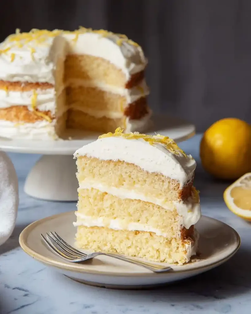 A delicious slice of {{ $('Fetch Recipe Data').first().json["Main Keyword"] }} with white frosting and zest on a plate.