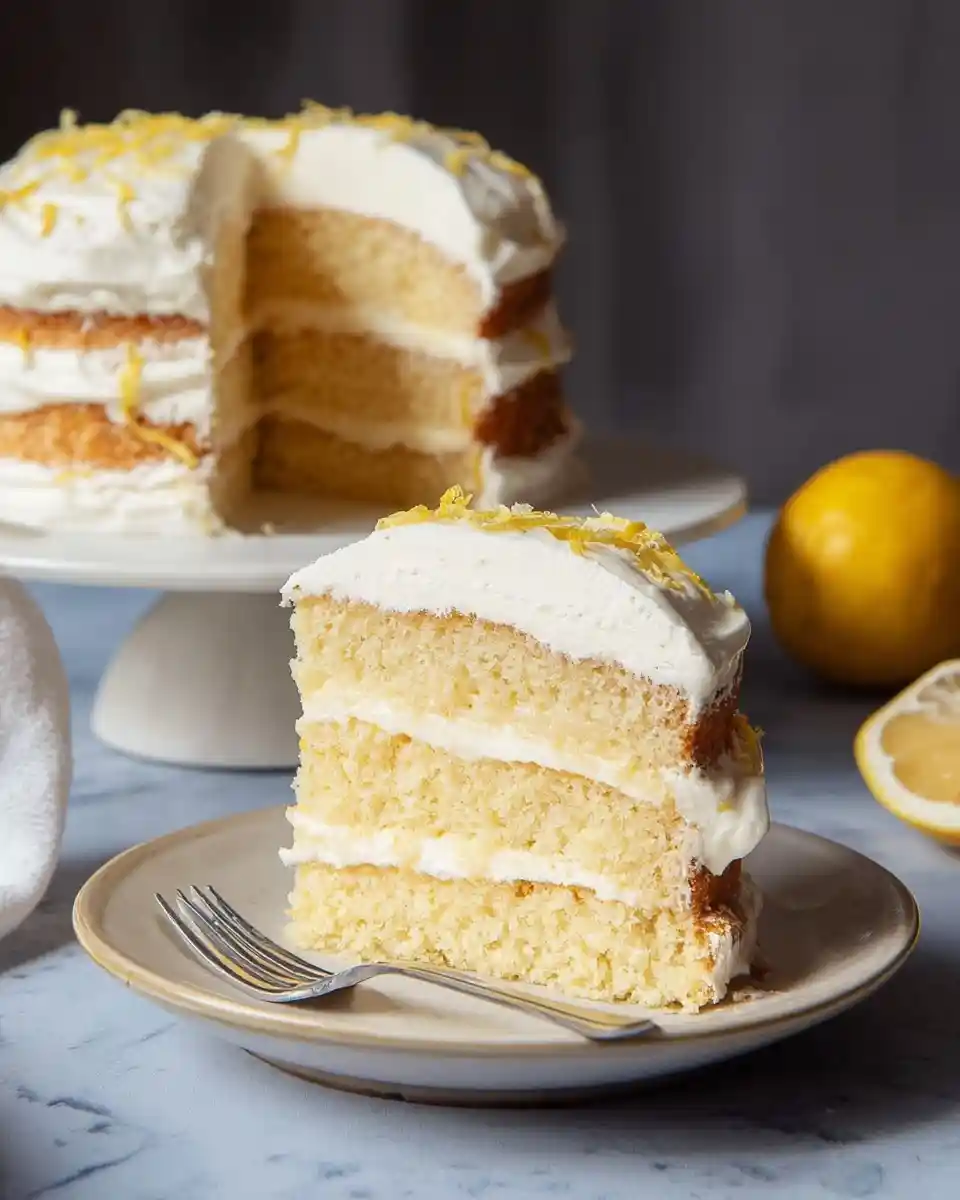 A delicious slice of {{ $('Fetch Recipe Data').first().json["Main Keyword"] }} with white frosting and zest on a plate.