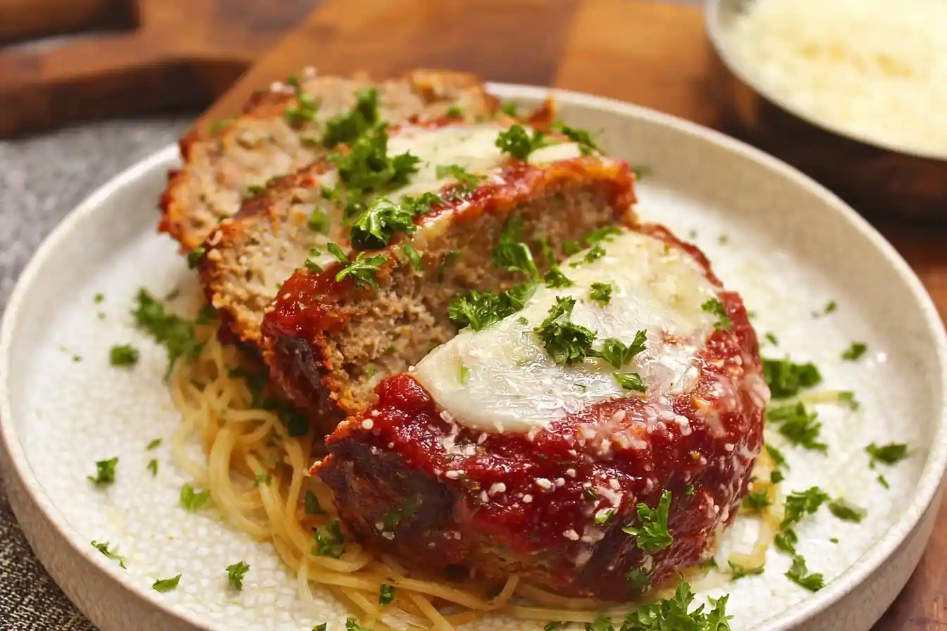 A plate of sliced {{ $('Fetch Recipe Data').first().json["Main Keyword"] }} with melted cheese and marinara over spaghetti.