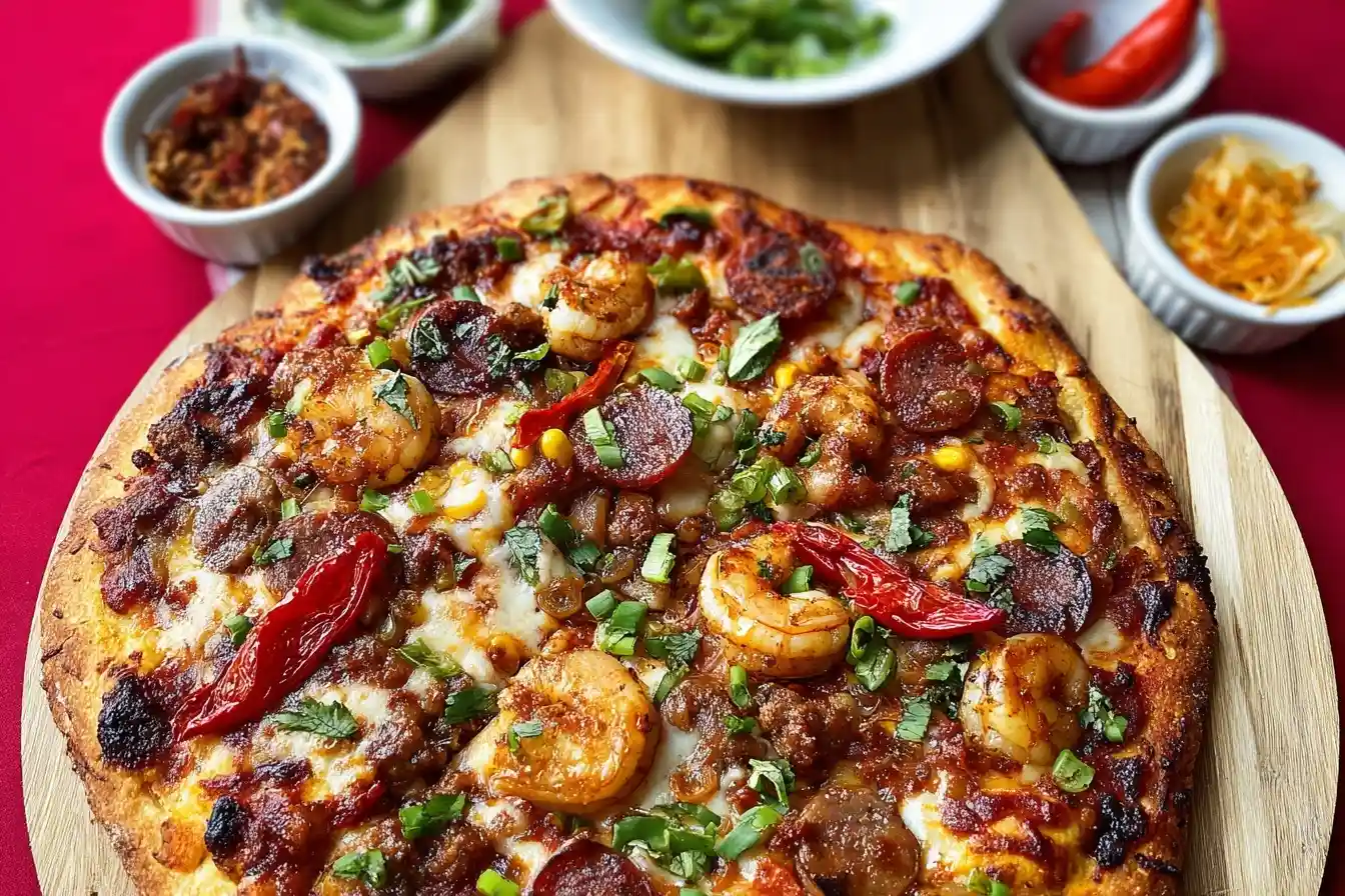 A freshly baked spicy shrimp and sausage pizza topped with red peppers, sweet corn, and fresh herbs.