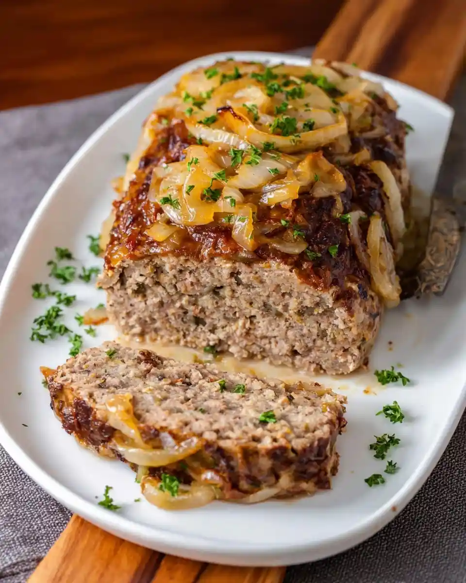 A sliced {{ $('Fetch Recipe Data').first().json['Main Keyword'] }} topped with caramelized onions and parsley on a platter.