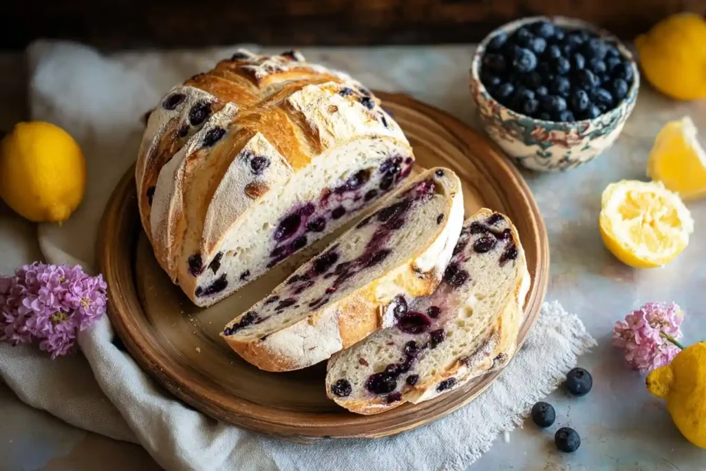 Sliced artisan lemon blueberry bread on a wooden plate, surrounded by fresh lemons, blueberries, and lilac flowers.