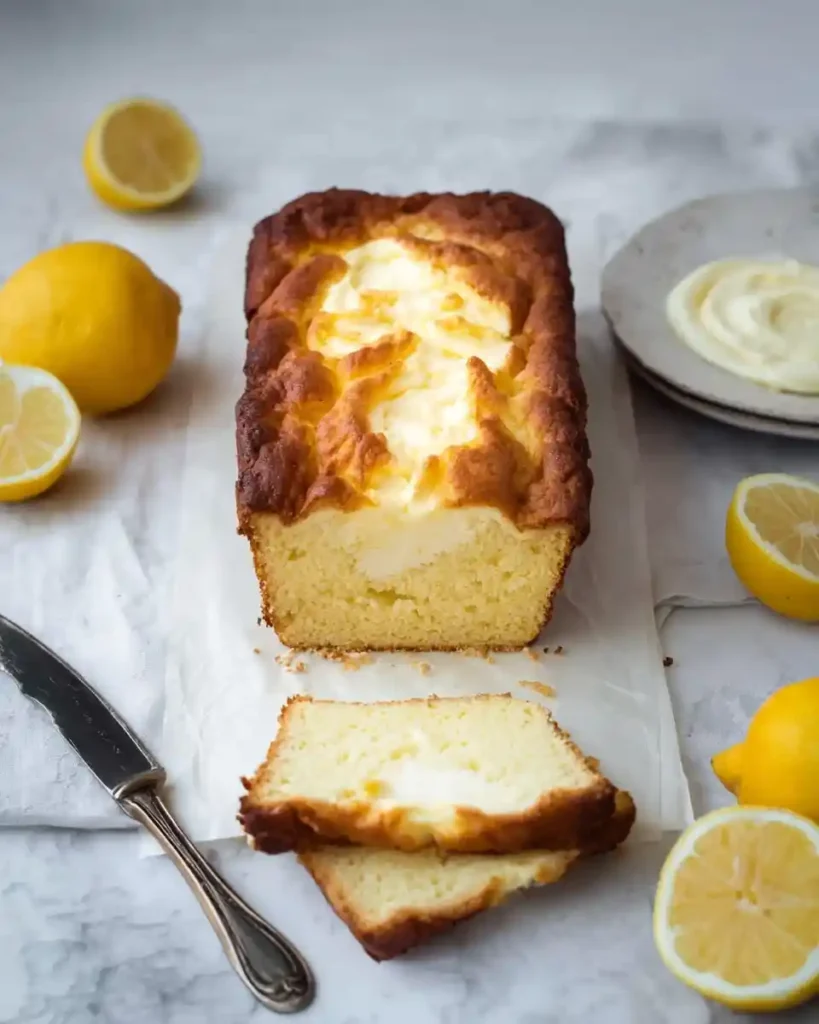 Sliced lemon cream cheese pound cake on parchment paper, surrounded by fresh lemons and a silver knife.