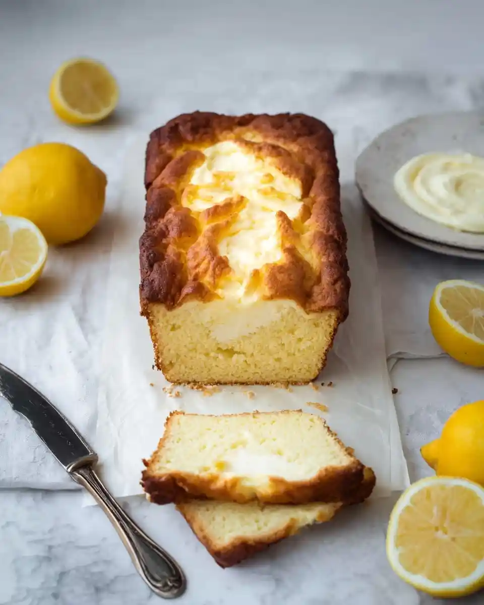 Sliced lemon cream cheese pound cake on parchment paper, surrounded by fresh lemons and a silver knife.
