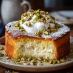A baked pistachio ricotta cake with a slice removed, revealing a creamy filling and topped with nuts.