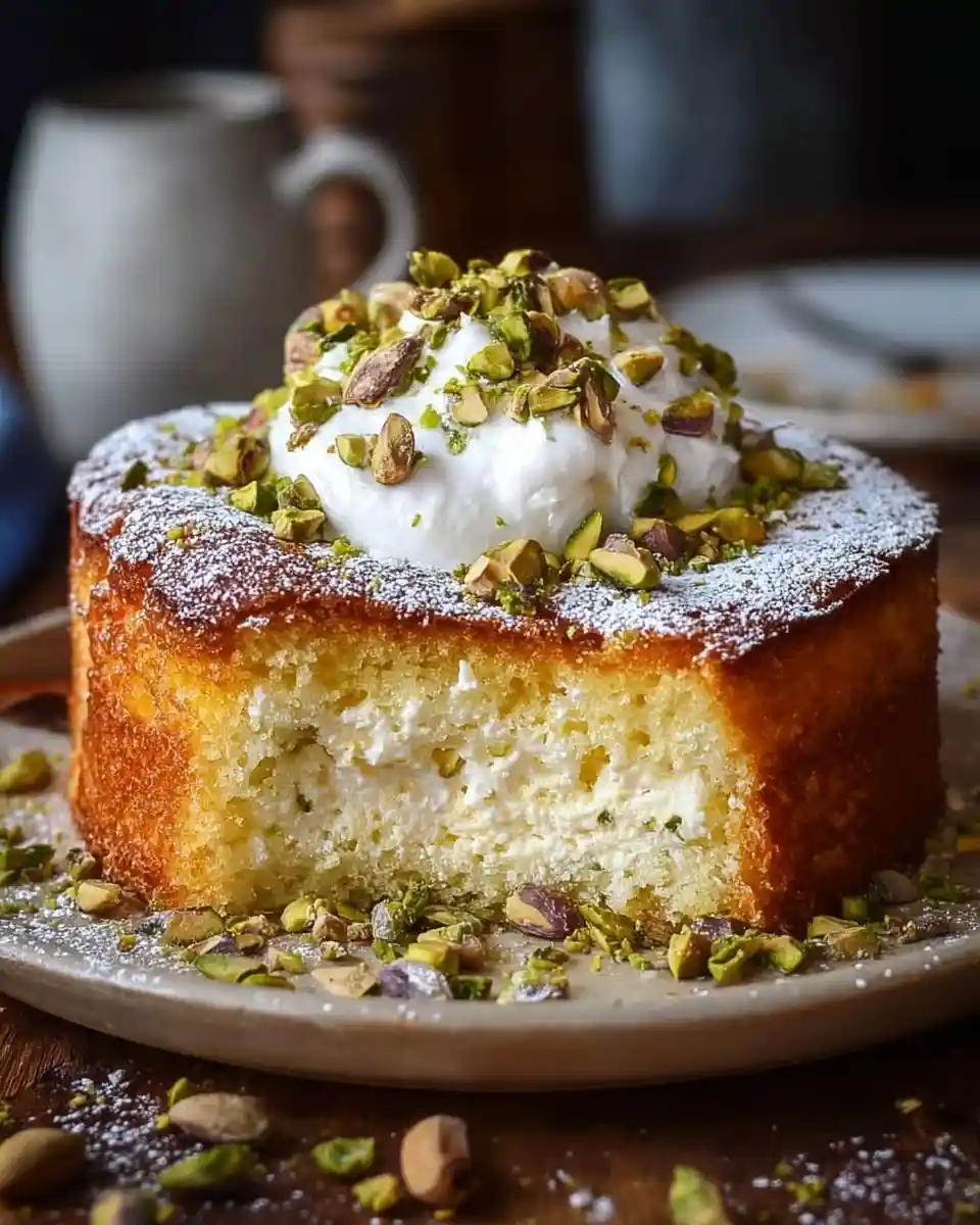 A baked pistachio ricotta cake with a slice removed, revealing a creamy filling and topped with nuts.