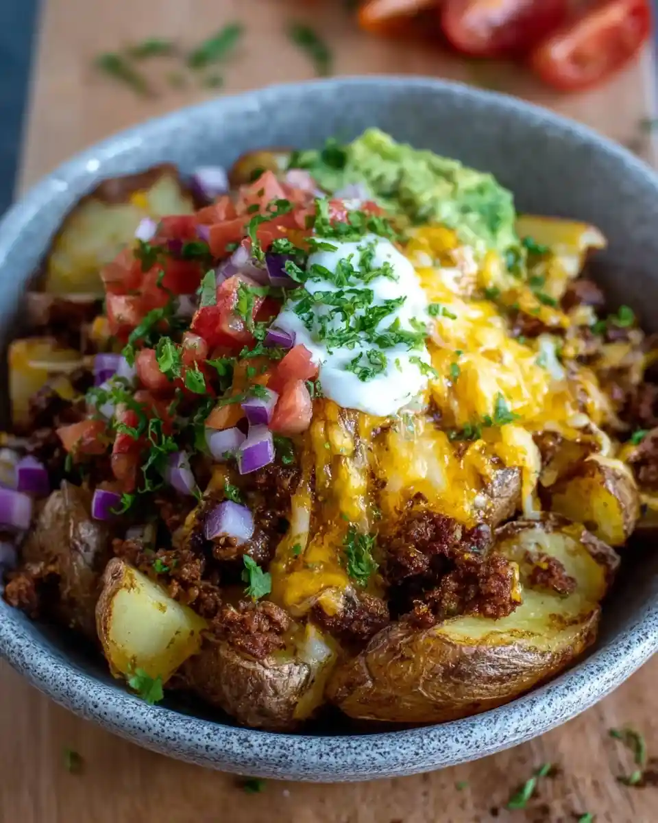 A close-up of a delicious taco potato bowl topped with ground beef, melted cheese, fresh salsa, sour cream, and guacamole.