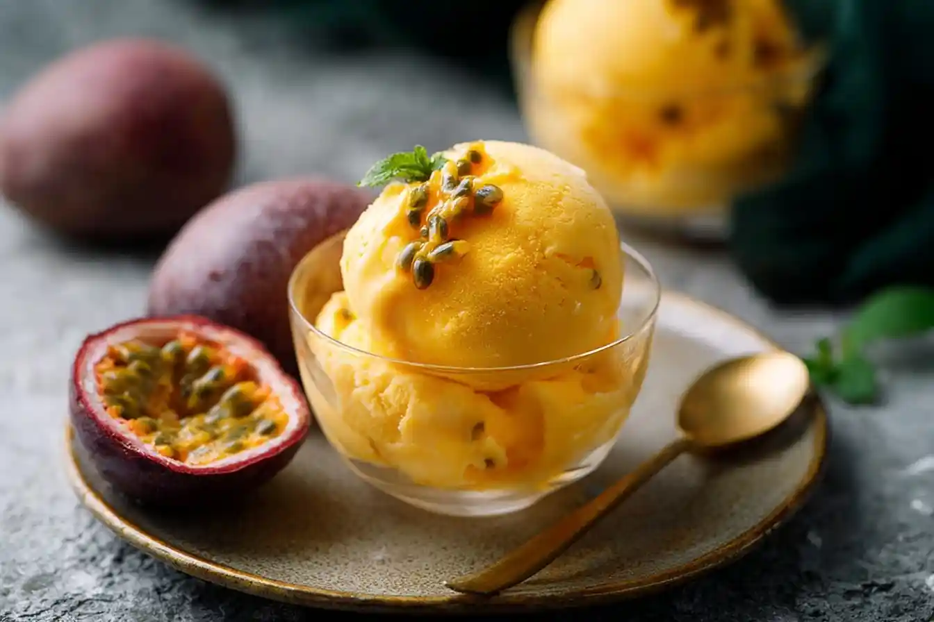 Scoops of bright yellow passion fruit ice cream topped with seeds and mint, served next to fresh passion fruit halves.