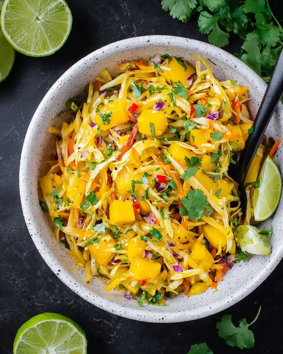 A white bowl filled with vibrant mango slaw, featuring shredded cabbage, fresh mango chunks, cilantro, and lime.