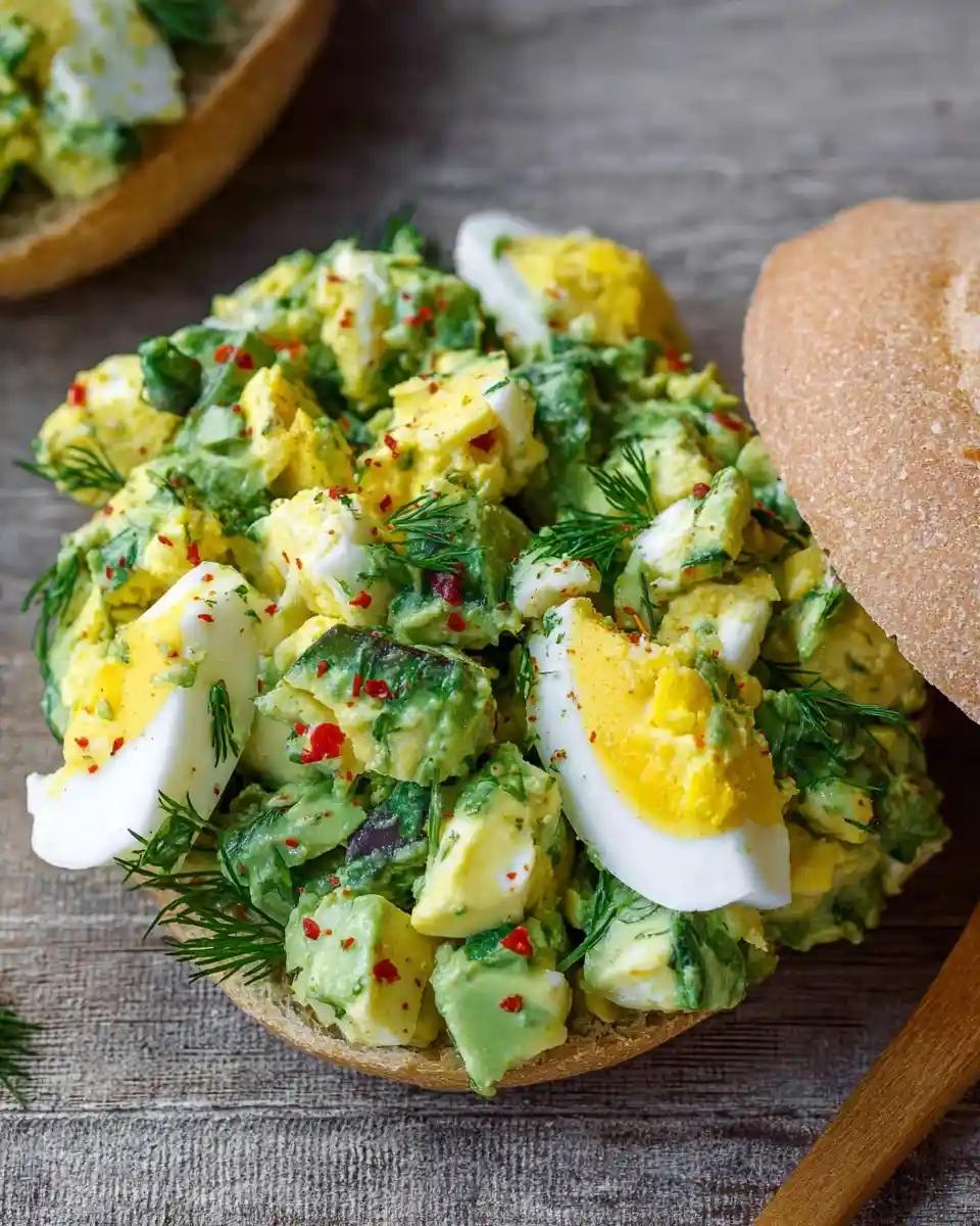 Close-up of a fresh avocado egg salad sandwich on a toasted bun, garnished with fresh dill and red pepper flakes.