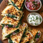 Golden brown spinach and feta quesadillas sliced into wedges on a wooden board, served with fresh salsa and sour cream.