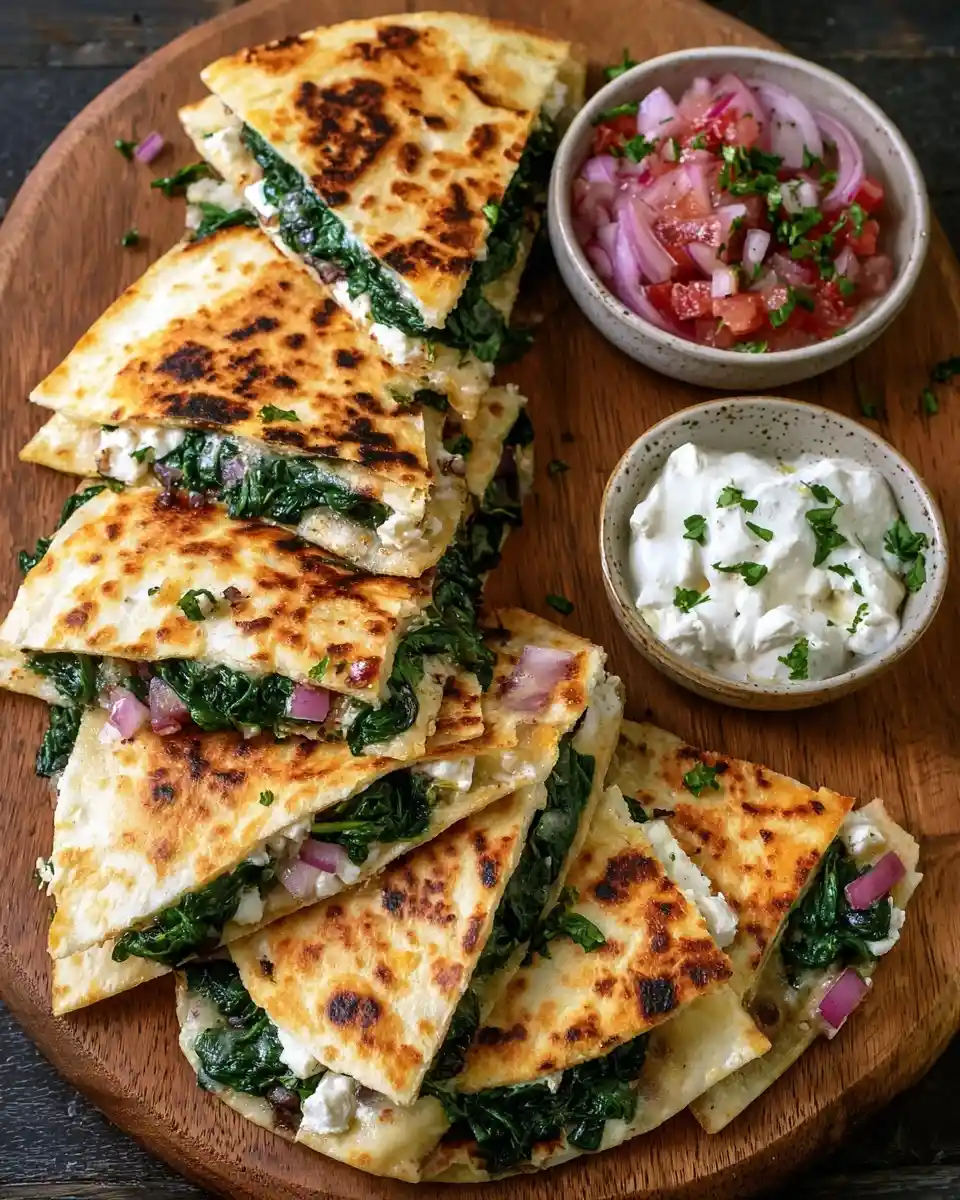 Golden brown spinach and feta quesadillas sliced into wedges on a wooden board, served with fresh salsa and sour cream.