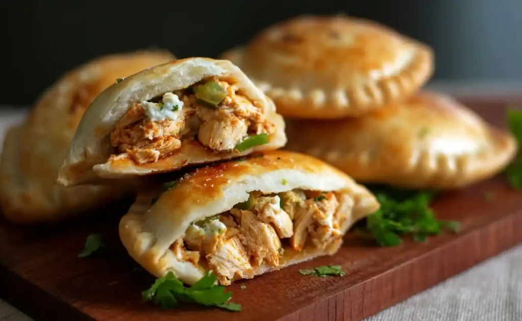 Halved Buffalo Chicken Empanadas stacked on a wooden board revealing a spicy shredded chicken and cheese filling.