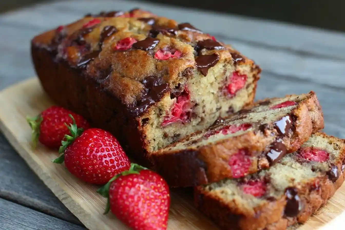 Sliced strawberry banana bread with melted chocolate chips and fresh strawberries on a wooden cutting board.