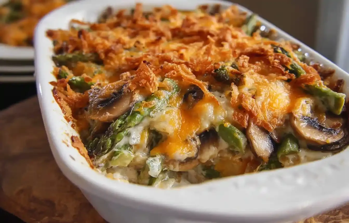 Cheesy {{ $('Fetch Recipe Data').first().json["Main Keyword"] }} in a white dish, topped with crispy fried onions.