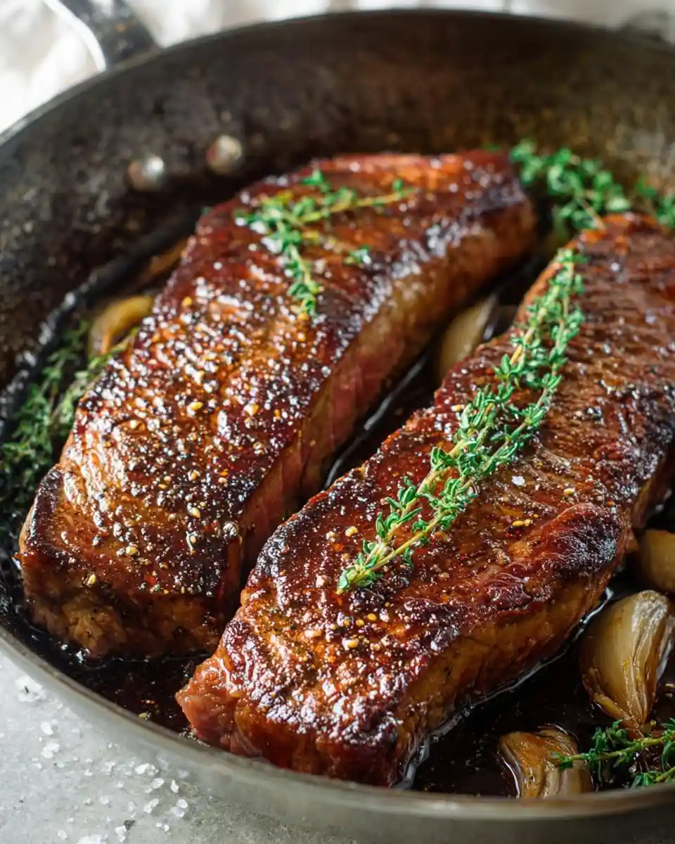 Two thick {{ $('Fetch Recipe Data').first().json["Main Keyword"] }} searing in a skillet with a rich crust, fresh thyme, and garlic.