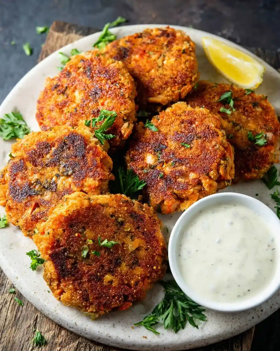Close-up of crispy {{ $('Fetch Recipe Data').first().json["Main Keyword"] }} on a plate with tartar sauce and a lemon wedge.