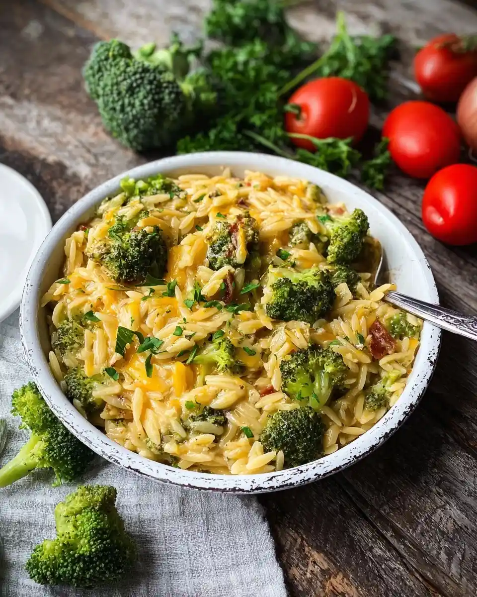 A rustic bowl filled with creamy broccoli cheddar orzo, garnished with fresh parsley, surrounded by tomatoes.