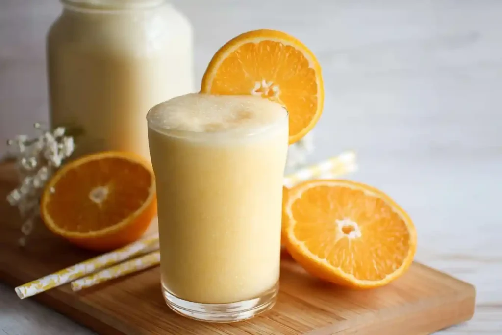 A frosty glass of {{ $('Fetch Recipe Data').first().json["Main Keyword"] }} with fresh orange slices and straws on a board.