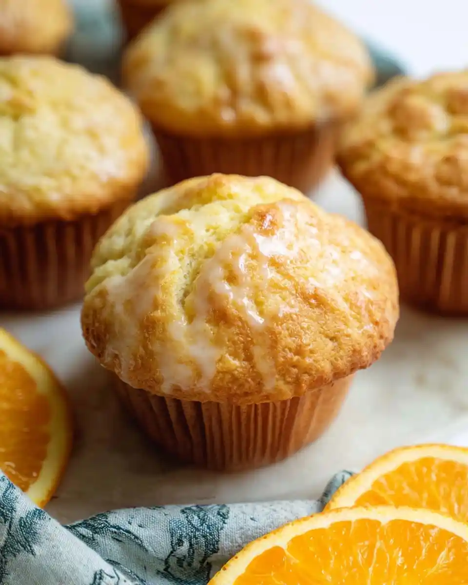 Close-up of freshly baked, glazed {{ $('Fetch Recipe Data').first().json["Main Keyword"] }} with orange slices.