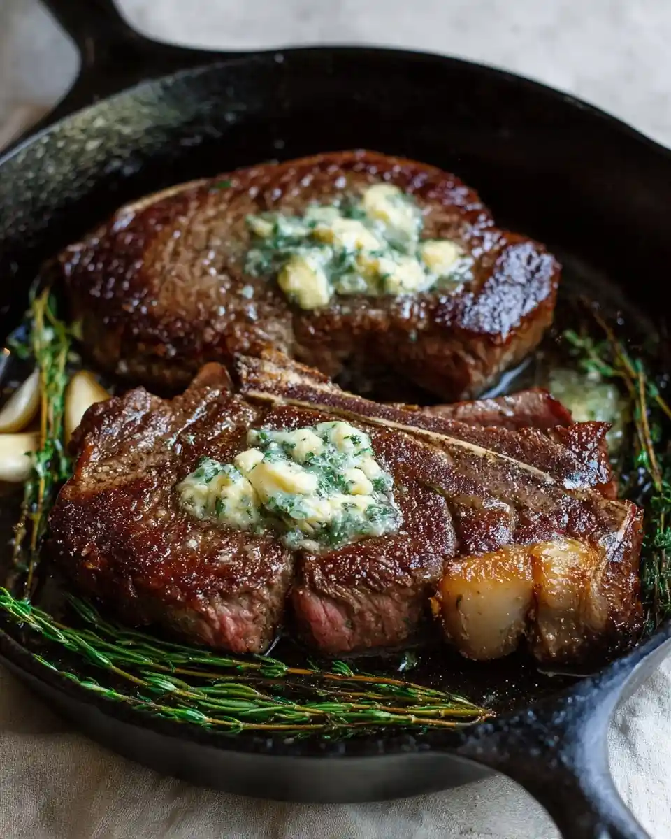 Two thick-cut cast iron steaks sizzling in a skillet, topped with melting herb butter and fresh thyme.