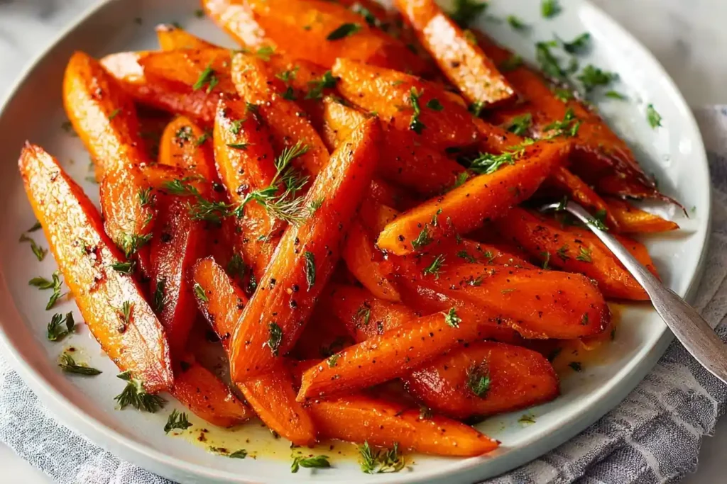 A plate of tender roasted carrots, beautifully glazed and garnished with fresh green herbs.