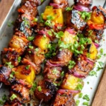 Glazed {{ $('Fetch Recipe Data').first().json["Main Keyword"] }} with charred pineapple and red onion on a tray.