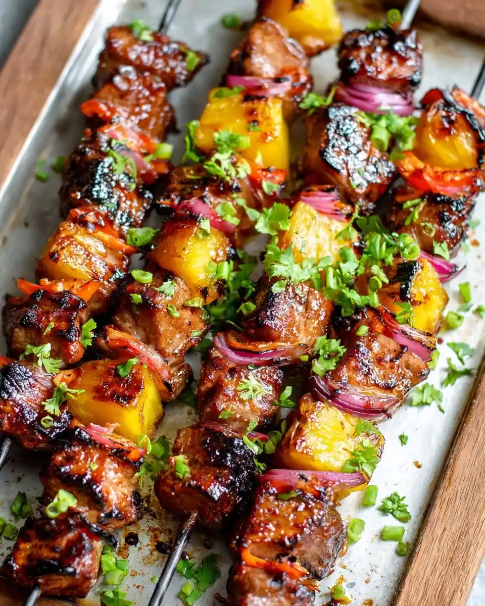 Glazed {{ $('Fetch Recipe Data').first().json["Main Keyword"] }} with charred pineapple and red onion on a tray.