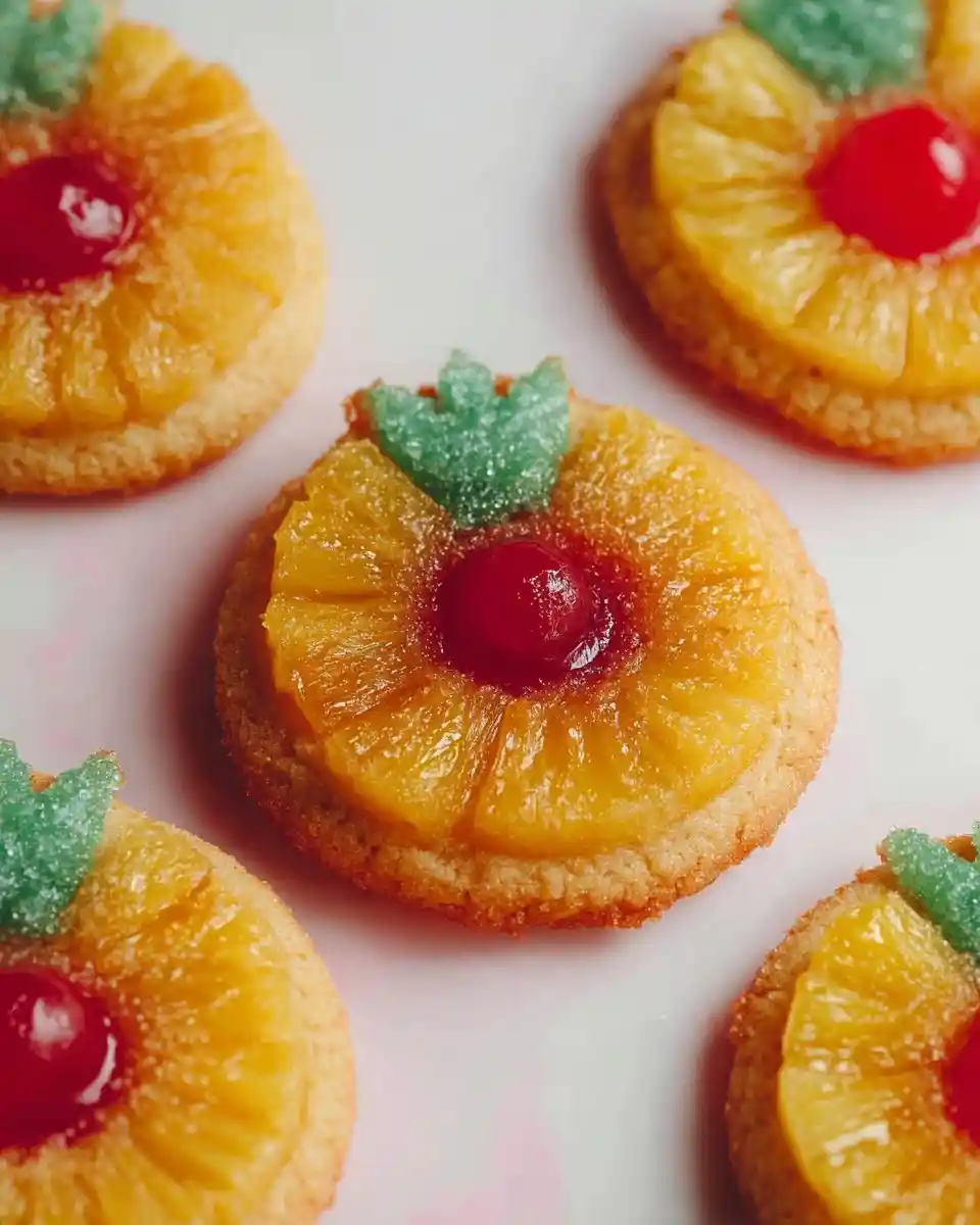 Close-up of freshly baked pineapple cookies topped with pineapple rings, red cherries, and green sugar leaves.