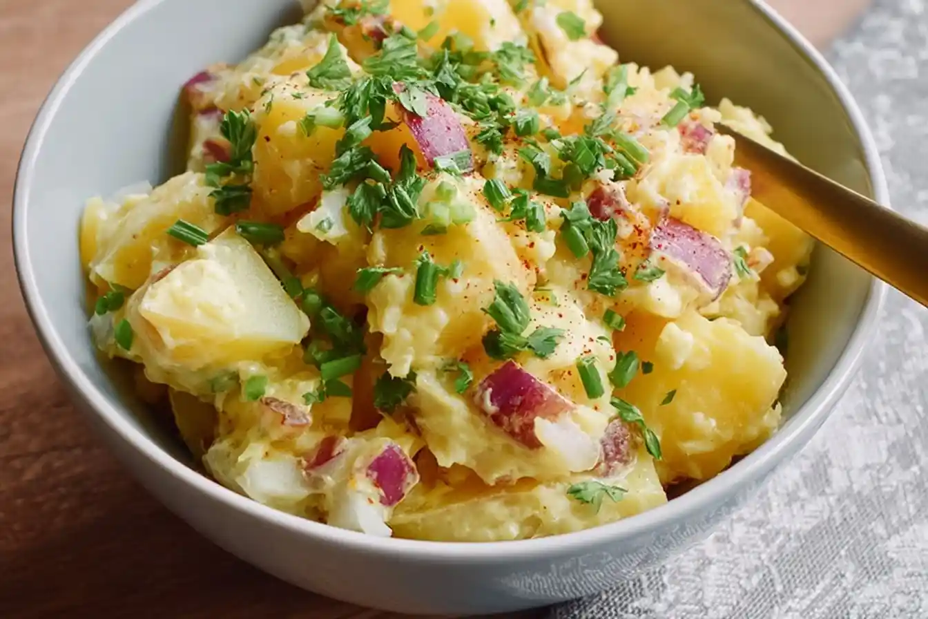 A close-up of a bowl of creamy potato salad garnished with fresh herbs, red onions, and paprika.