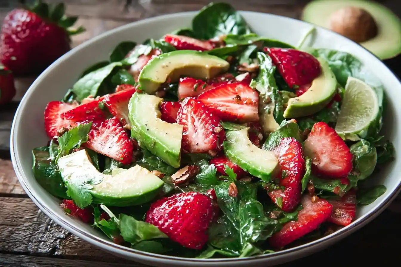 A fresh strawberry avocado salad with spinach and pecans served in a white bowl on a rustic wooden table.