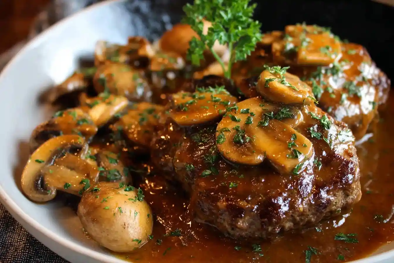 A delicious Salisbury steak smothered in savory mushroom gravy and garnished with fresh parsley.