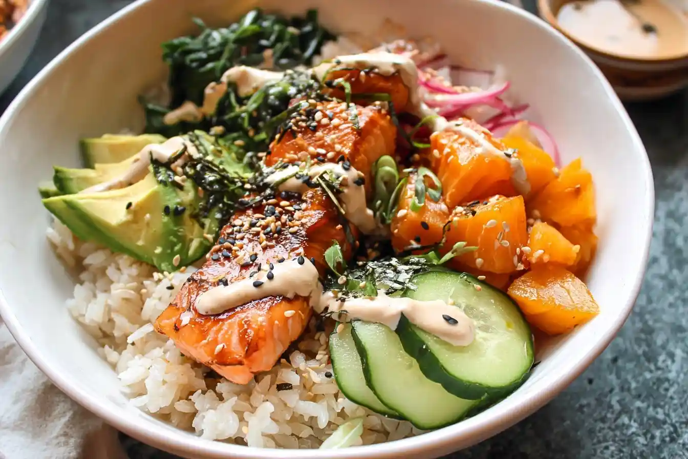 Colorful {{ $('Fetch Recipe Data').first().json["Main Keyword"] }} with glazed salmon, avocado, cucumber, and sweet potato.