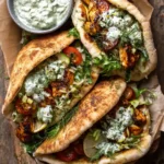 Three homemade chicken gyros filled with grilled meat, tzatziki sauce, tomatoes, and fresh dill on a wooden board.