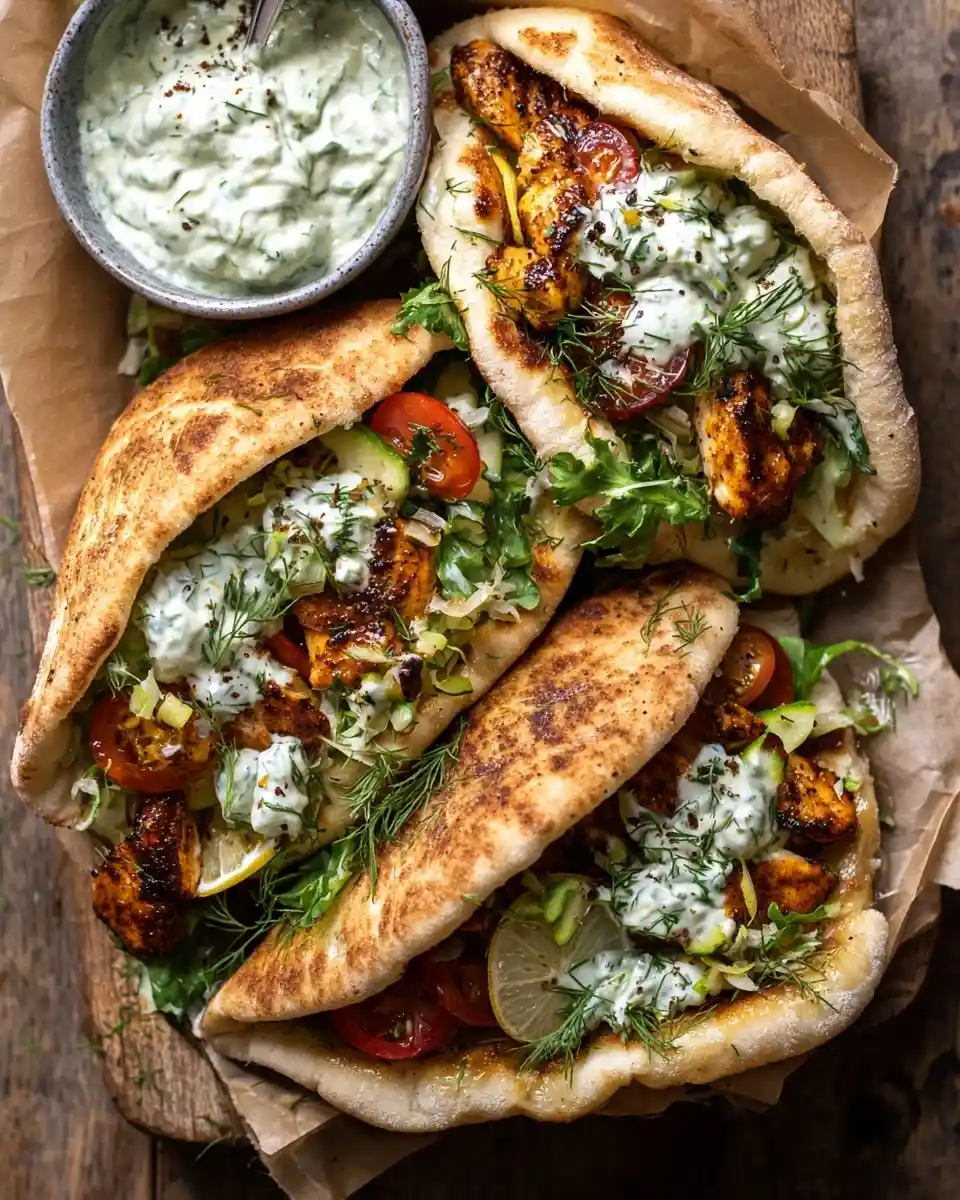 Three homemade chicken gyros filled with grilled meat, tzatziki sauce, tomatoes, and fresh dill on a wooden board.
