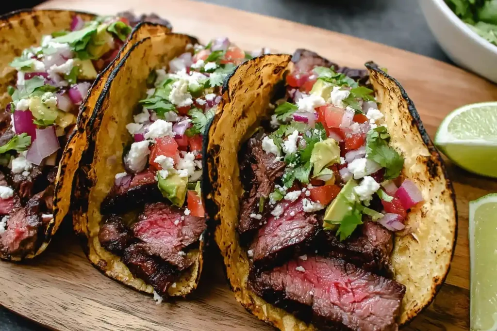 Close-up of three juicy steak tacos with avocado, red onion, cilantro, and cheese in charred corn tortillas.