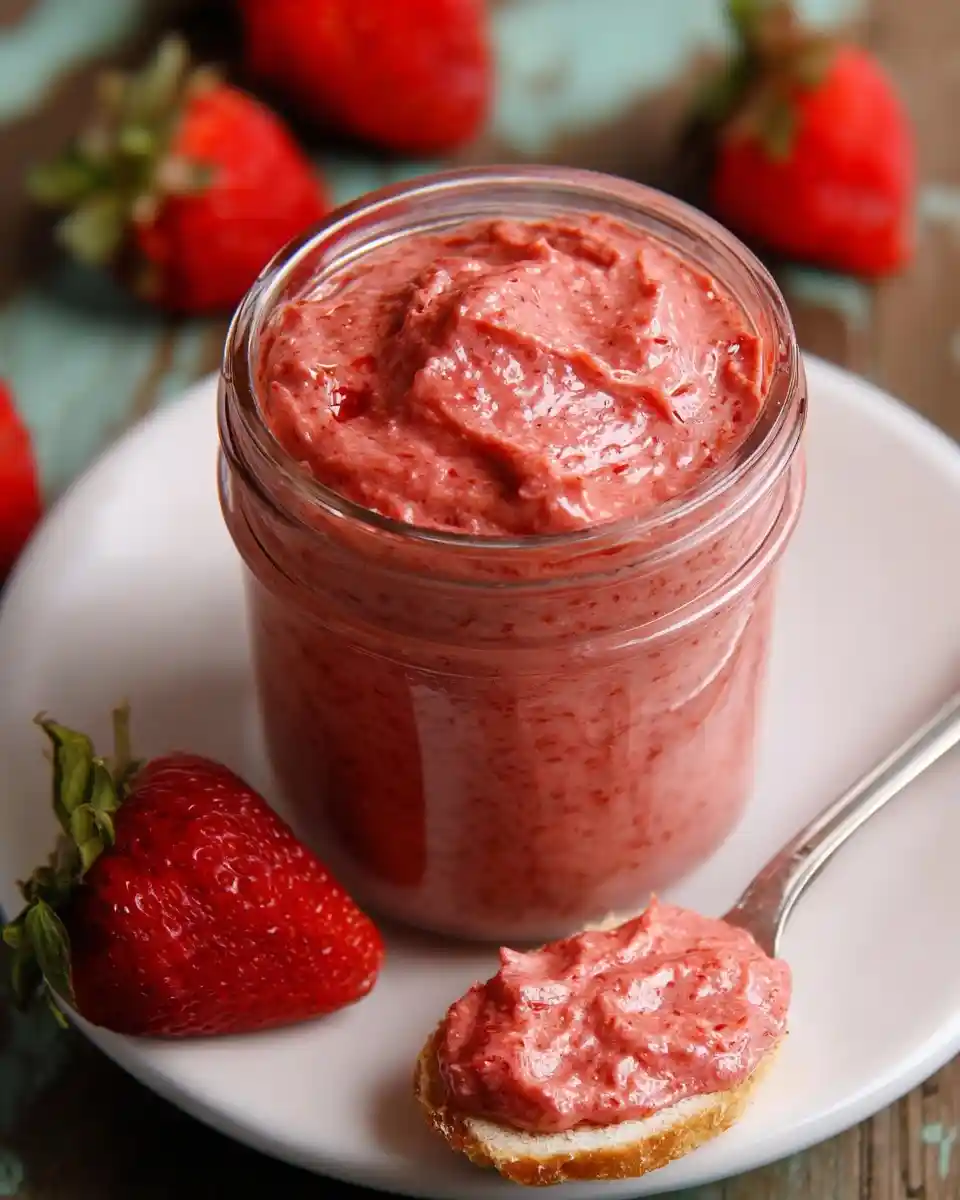 A jar of creamy {{ $('Fetch Recipe Data').first().json["Main Keyword"] }} next to fresh red strawberries and a piece of bread.