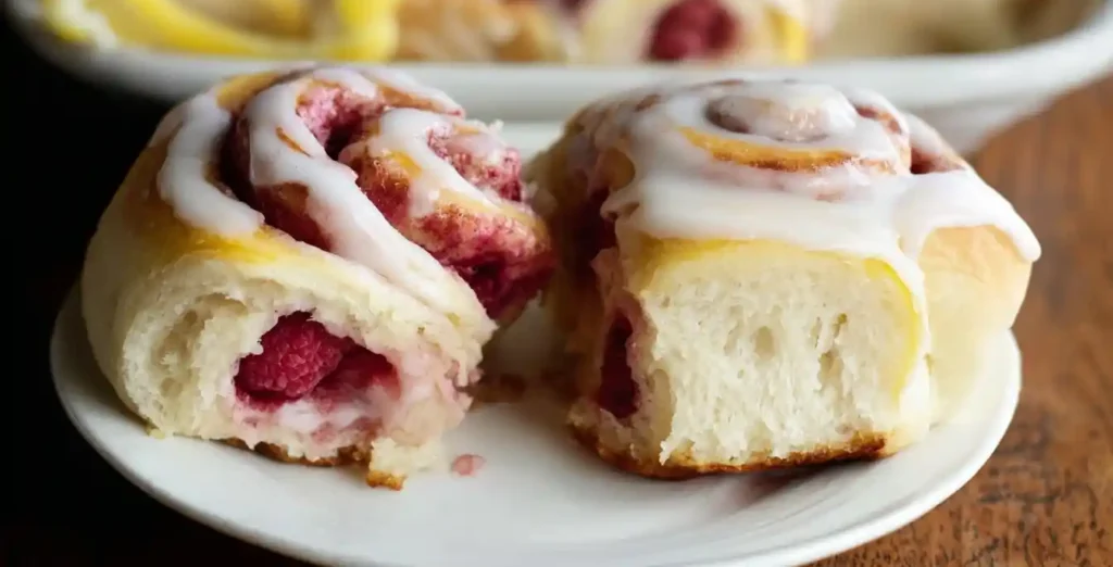 Two frosted {{ $('Fetch Recipe Data').first().json["Main Keyword"] }} with berry filling on a white plate.